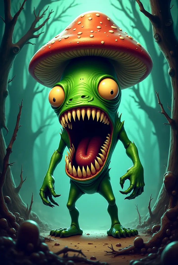 Green scary cartoon alien with a mouth full of razorsharp teeth, wearing a mushroom hat