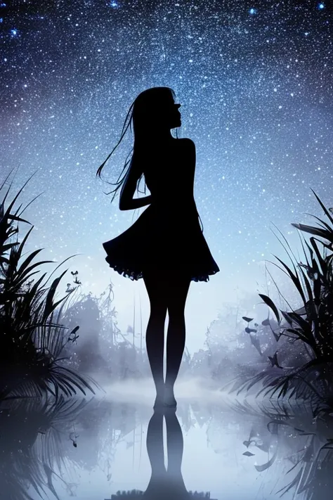 tween modeling for her daddy, exceptionally gorgeous, cute, flirty, alluring, provocative in her daddy's sexual dream. black shadowy sparkly glitter stars  silhouette dreamlike, foggy,mixed symols 