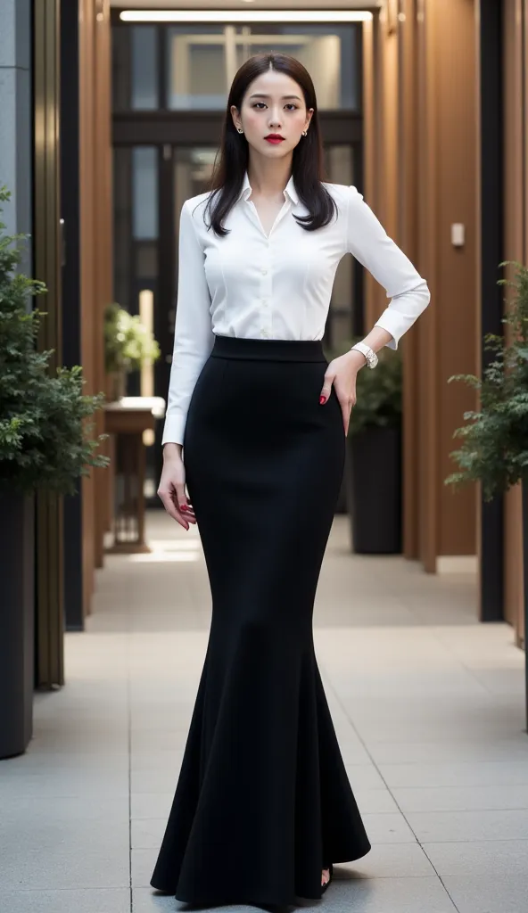 an office lady, standing in front of the office, use a white formal shirt, using a long closed skirt to the toe fishtail model in black, big boobs,  slim waist, red lips