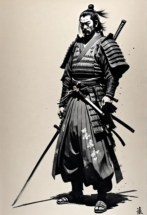 full body,足元までfull body,full body, Japanese Samurai,full body,[Exactly々hole々,Black and white水墨画，Pen sketch，gentle brushstrokes ， Drawing fine lines with a pen  , subtle shades of ink ，Black and white，clean