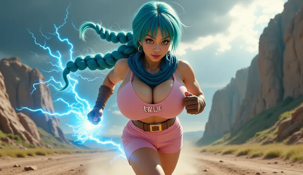 A hyper-realistic, cinematic close-up shot of Bulma from Dragon Ball, running towards the camera at full speed, her eyes sharp and determined. Her vibrant turquoise braided hair flows behind her, secured by a large silky pink bow, fluttering in the wind. H...