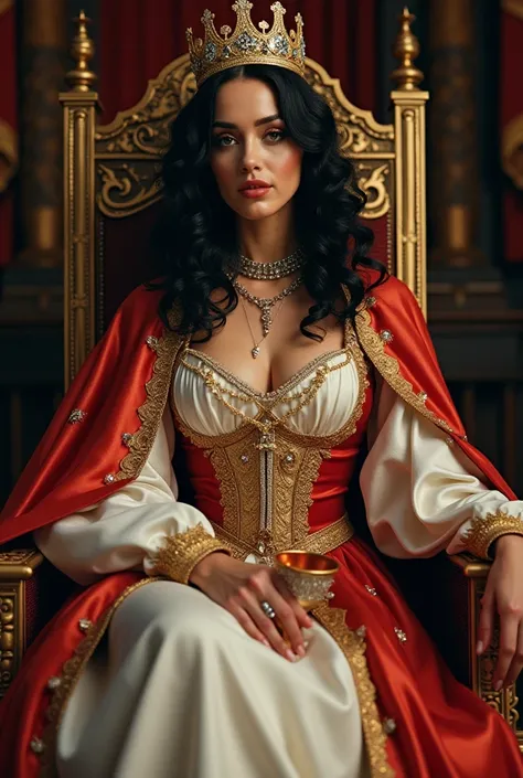 Queen Katy Perry sat regally on her throne, a crown perched proudly atop her head, her medieval-style robes flowing elegantly around her. In one hand, she held a goblet, its shimmering contents reflecting the light as she surveyed her kingdom with a confid...