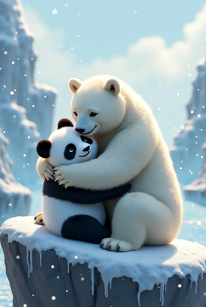 A white polar bear and a panda are happily hugging each other on a rock.

