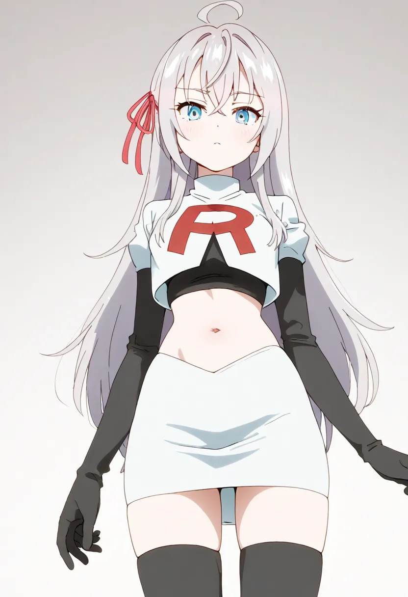 masterpiece, best quality, amazing quality,
1girl, solo, looking at viewer, gradient background, 
long hair, silver hair, ahoge, crossed bangs, red hair ribbon, sidelocks, blue eyes,
team rocket,team rocket uniform,white skirt,red letter R,crop top,black t...