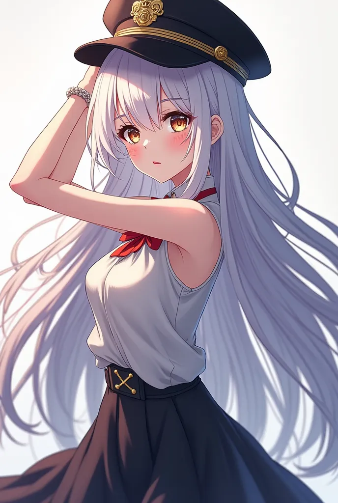 Anime girl with long white hair and a black captain hat doing poses