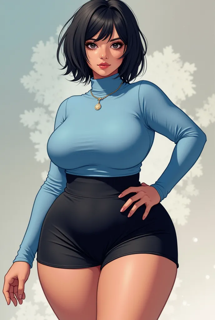 Sexy plus chubb anime,Female, Back & Tan fur, Short black hair (either wolf cut or pixie cut), light blue turtleneck, black miniskirt, black high heels
2d art