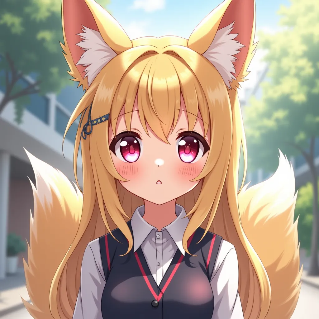 
Blonde girl with pink eyes, in school uniforms, long fox ears and fluffy tail. She has a birthmark under her lip and pretty mature facial features. anime style