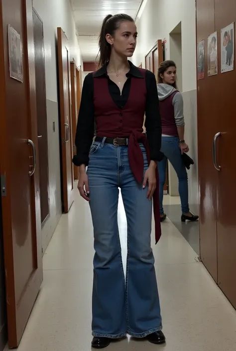 (photorealism:1.2), caucasian 17 pretty posh young female, Waiting in line to go to the bathroom at the entrance hall of a high school from Spain. wearing Black 70's shirt with large open collar,  very wide palazzo cerulean jeans, Burgundy tied buttoned ve...