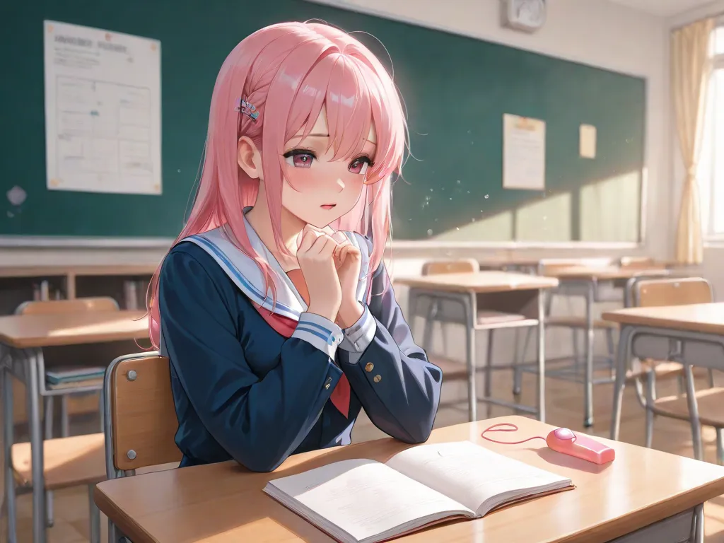 1 girl pink hair, classroom, study, uniform, using vibrator, dripping, students, classmates, lecturing sessions, bare, touching herself 