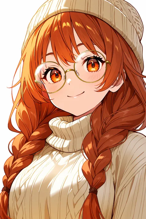  Gold、long hair、braids、orange eyes、round glasses from below、 knitted hat、smile