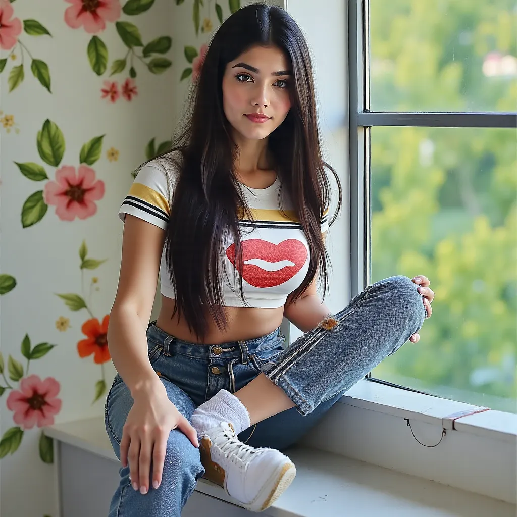 Young and pretty woman,  20 years old, long straight black hair, hairstyle with a stripe in the middle, ojos verde esmeralda, beautiful face, serene expression, wear a white top with a red kiss printed, torso clothing, skinny jeans, white socks with white ...