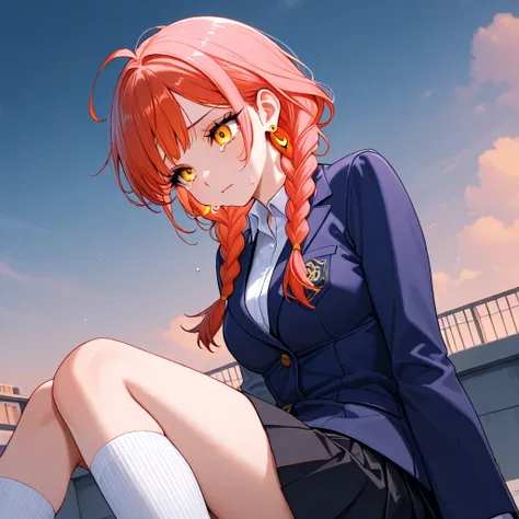  1girl ,medium breasts,yellow eyes,long eyelashes,red hair,pink hair,orange hair,long hair,twin braids,bangs,ahoge,hair over shoulder,earring,  black skirt, pleated skirt, dark blue blazer,collared shirt, white knee-high socks,hand,rooftop, cries