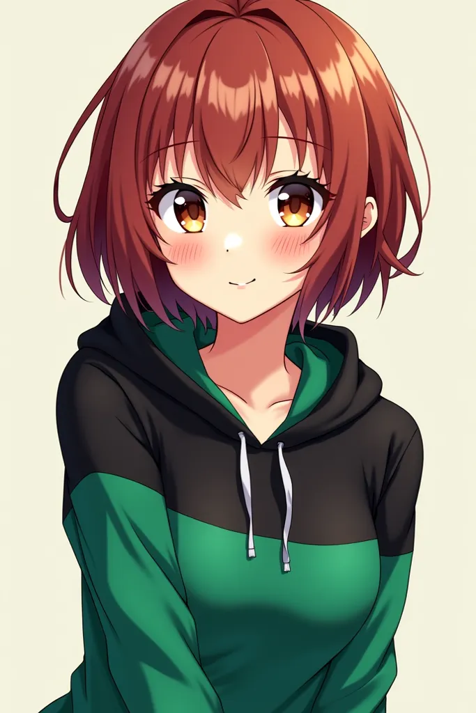 Une image de dessin animé manga, une femme, peau claire, au cheveux courts , de couleur marron-rouge, au yeux marron , avec un sweat à capuche noir et émeraude 