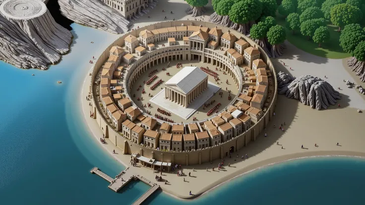 A small walled city from Ancient Greece, located by the seaside. At the center of the city, there is a white palace surrounded by sand-colored buildings. The city includes an arena, a stable, and a horse-riding track. The scene shows Amazons walking around...