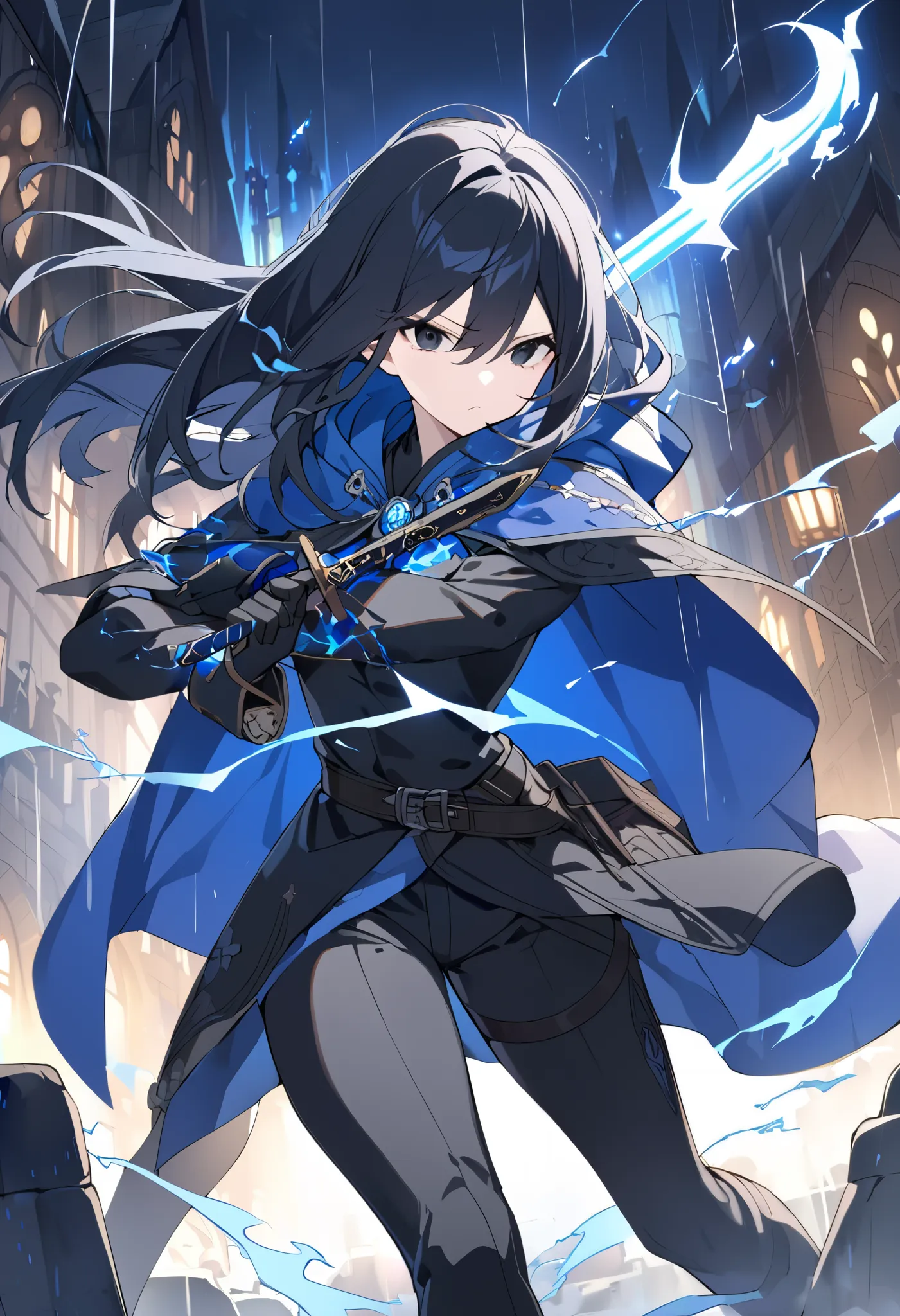 1girl, black long hair, intense blue hooded cape, black pants, black gloves, black eyes, in a rainy medieval city, with a sword on a hand, detailed face, detailed clothes, good anathomy, blue details in the black clothes, serius expression, with a blue lig...