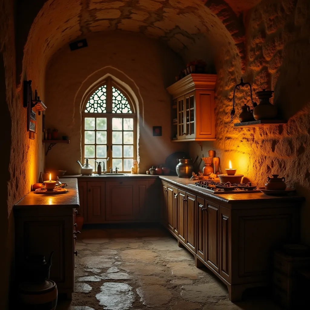 The kitchen was dimly lit, the glow of a single oil lamp casting soft, golden hues across the room. Shadows flickered along the old stone walls, stretching and shifting with the movement of the small flame. The scent of freshly ground spices, aged wood, an...