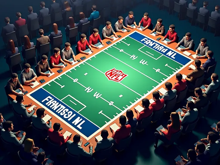 create an aerial image with hundreds of people distributed over several meeting tables, using your cell phones, And that portrays the biggest fantasy NFL competition in the world, with the name: FWL , With details that refer to the NFL