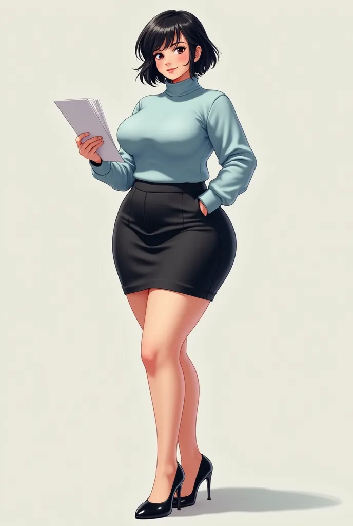 Sexy plus size chubby anime female  Short black hair  light blue turtleneck, black miniskirt, black high heels holding documents 
2d art