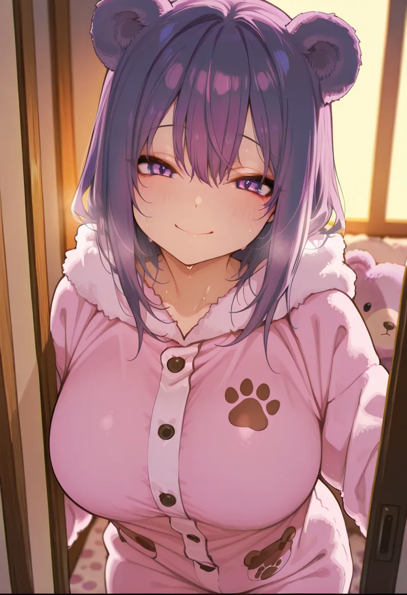  748 cm, masterpiece, Best quality, amazing quality, Anime-Screenshot,  girl, purple hair,  purple eyes , bear pajamas, smile, big breasts, sweat, cute, Fluffy, hood with bear ears, paw print, warm atmosphere, in the house, cozy room, soft lighting