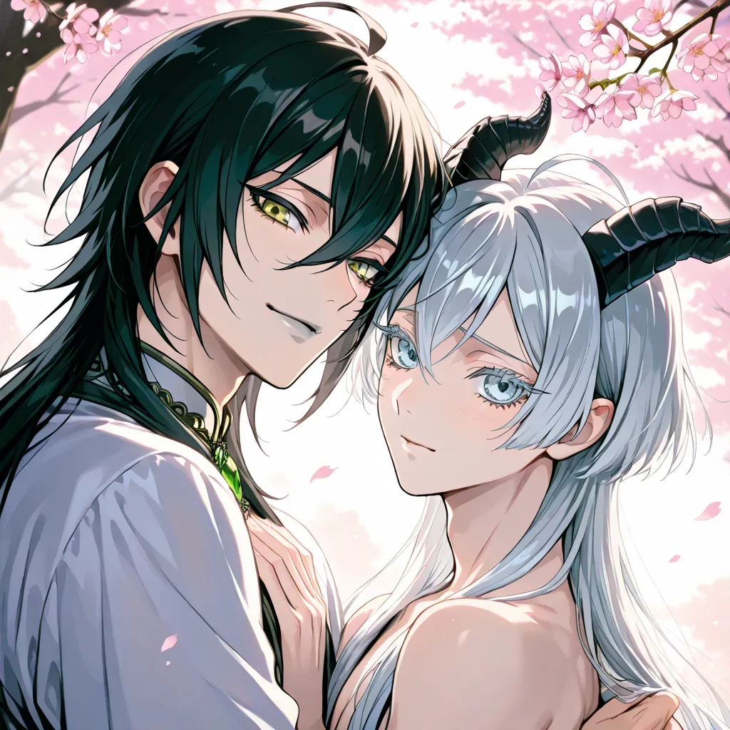 1boy 2boys, pink cherry blossoms, affectionate, embracing, looking at viewer, malleus draconia (twisted wonderland) horns, bishounen, boy, male, yana Toboso style, long hair, black hair, yellow green eyes, smile, gray lips, handsome, skinny, tall,(with lig...