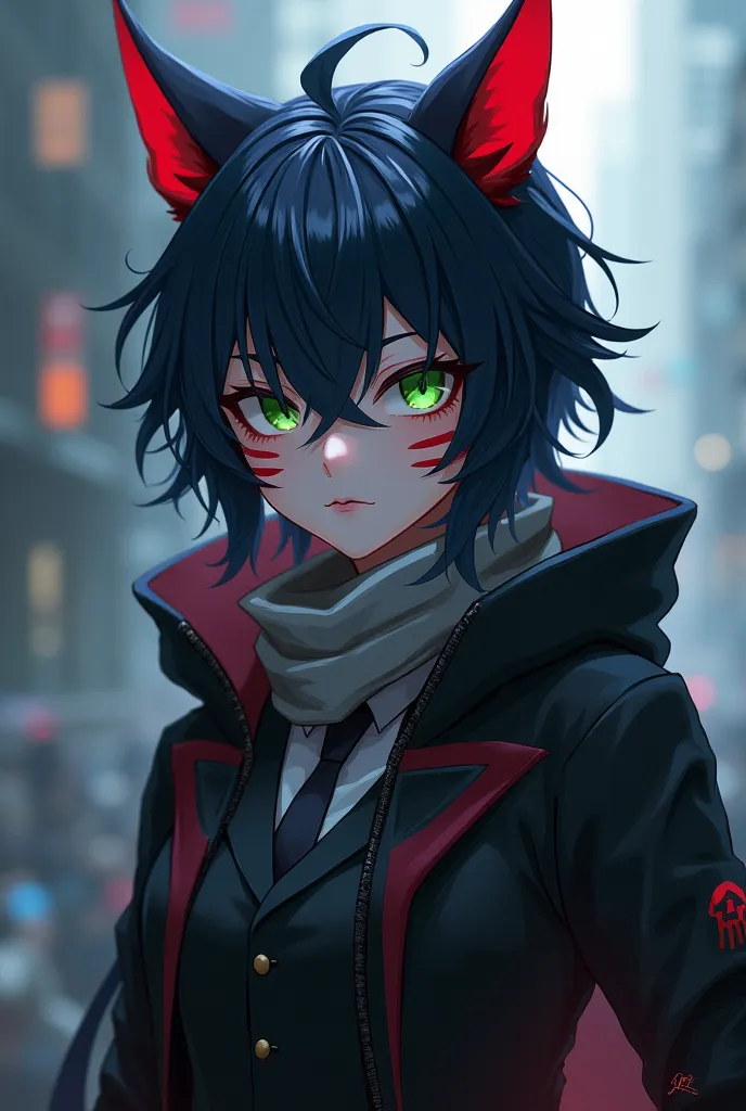 androgynous girl with dark blue and messy hair, green cat eyes with red horns and a scarf and a hood on a formal uniform and two red lines on her face with genshin impact style 