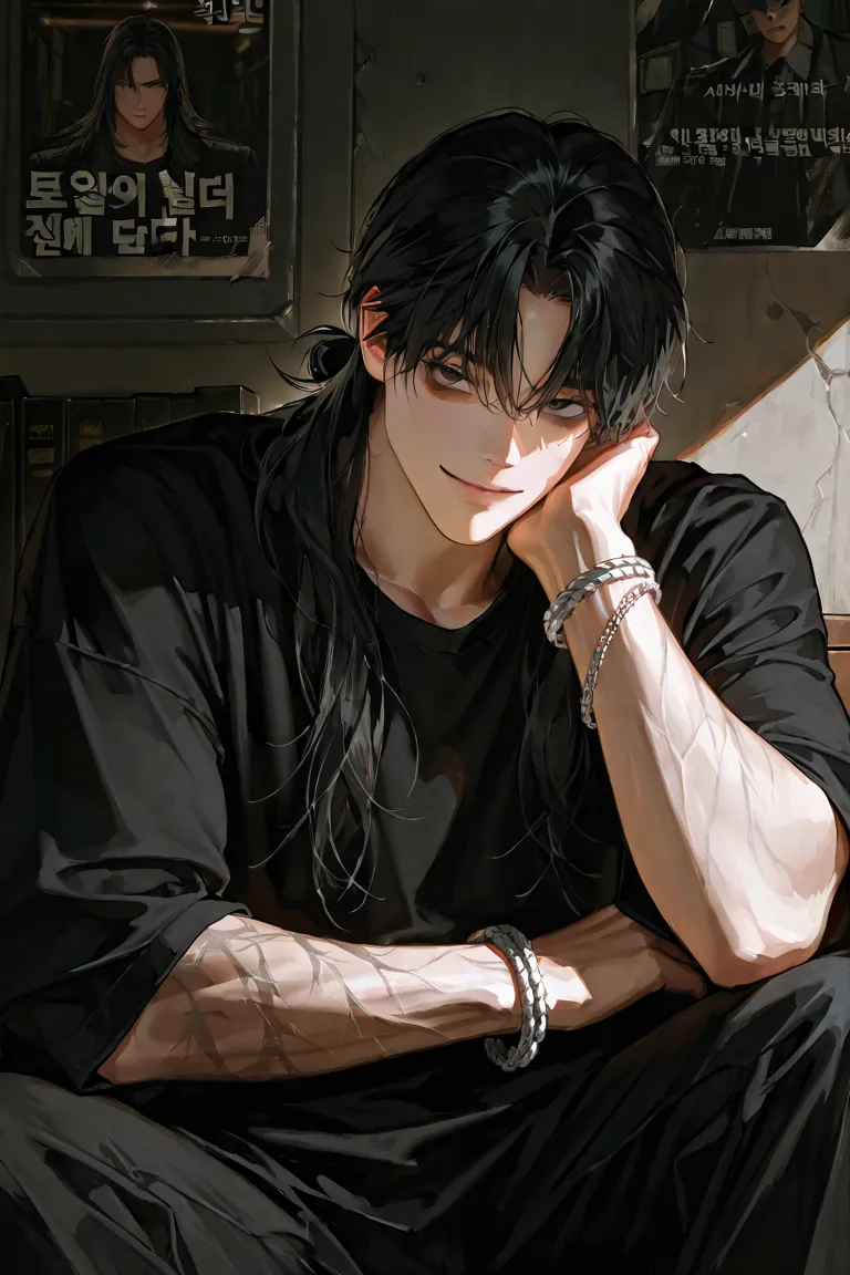 middle-aged male, handsome, Lying,  1 man with a gun, dark circles under eyes, long hair, MALE FOCUS, handsome man, Thick painted ,  Korean Comic Style ,  semi-realistic art  ,  semi-realistic art  style, expressive brushwork, Vibrant Brushstrokes,  Impres...