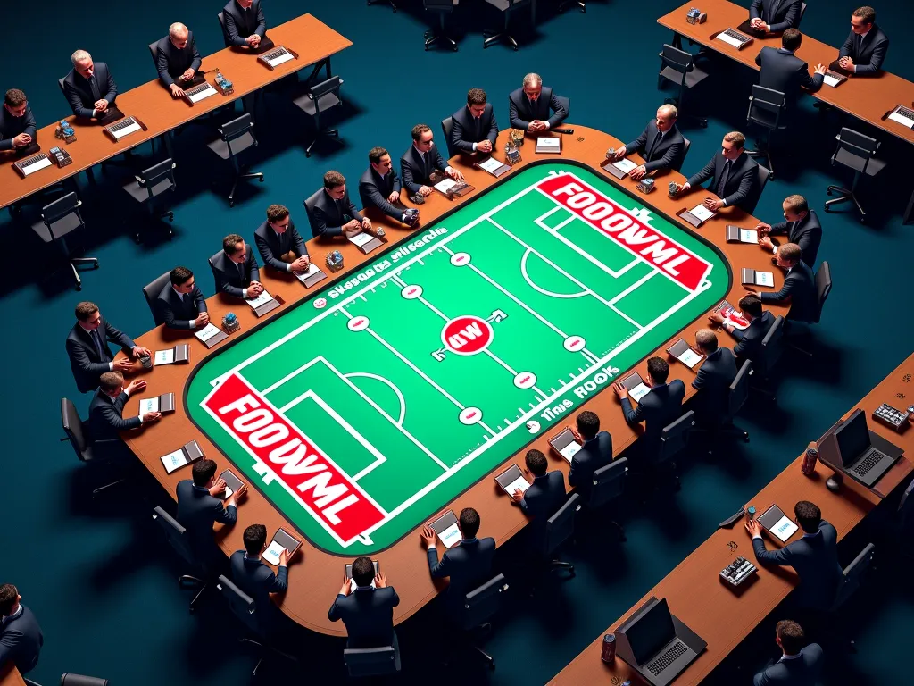 create an aerial image with hundreds of people distributed over several meeting tables, using your cell phones, And that portrays the biggest fantasy NFL competition in the world, with the name: FWL , With details that refer to the NFL