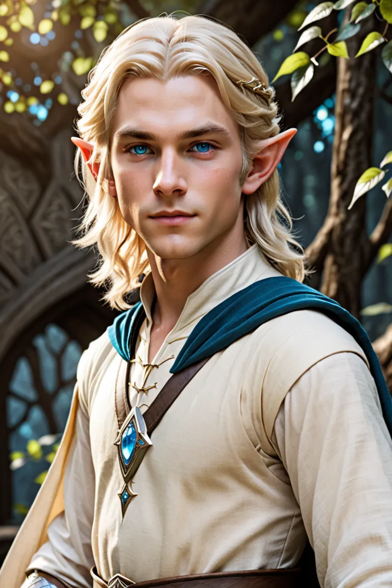 Elven age boy with blue eyes and shoulder length hair blond and angelic face