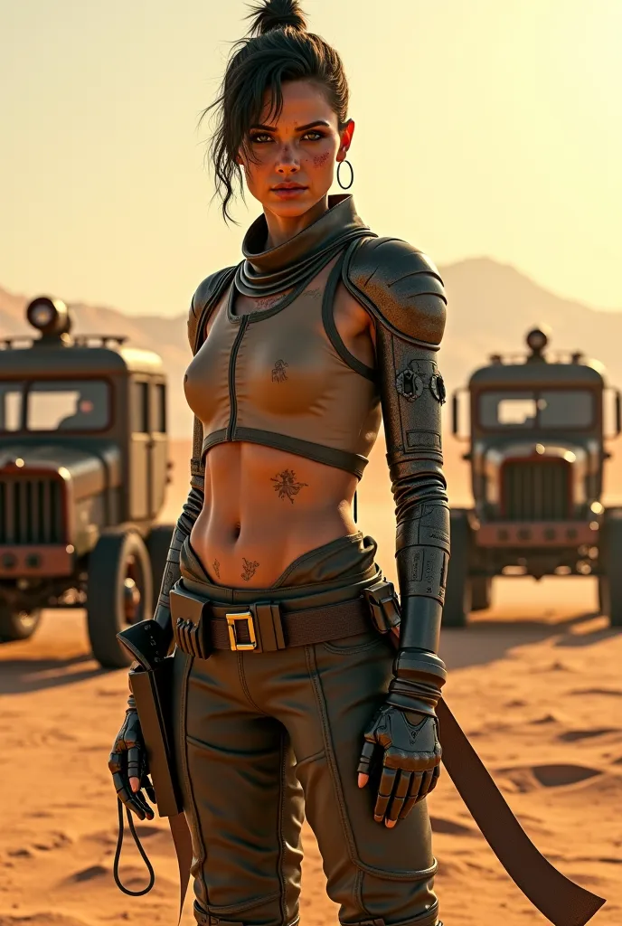 Powerful Characters  from  " Bad Max" Furiosa  in a Desert  with cool gadgets and Gadgets Cars looking Absolutely  Awesome, 3D, Digital Quality Clear camera Picture, Realistic looking photo, 3D 