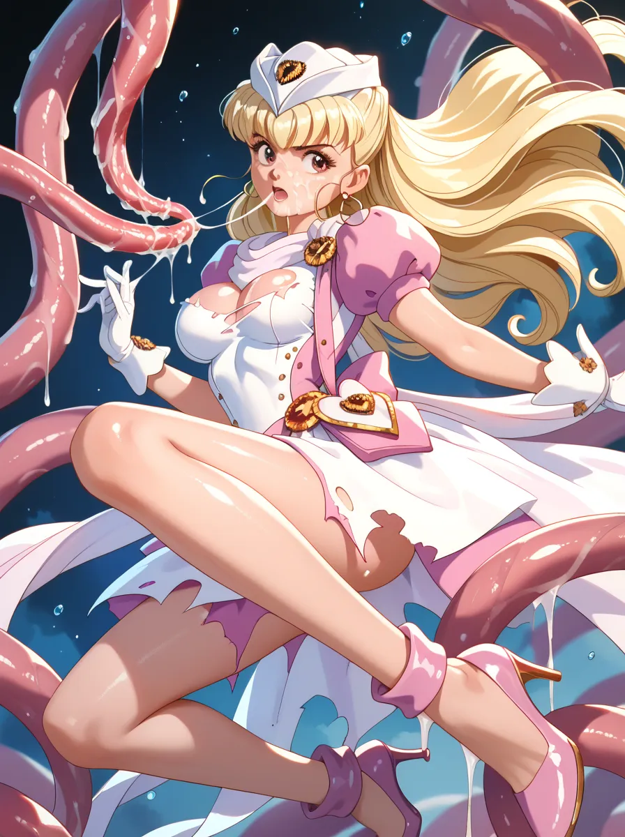 detailed background, shiny skin on both arms,  Clinging Tentacles, Torn Chest, torn skirt, white transparent body fluid poured on it, Long, slender legs , pink high heels,  pose , ririka, AAA, big breasts, Face Desperately Enduring Shame,  nice earrings 