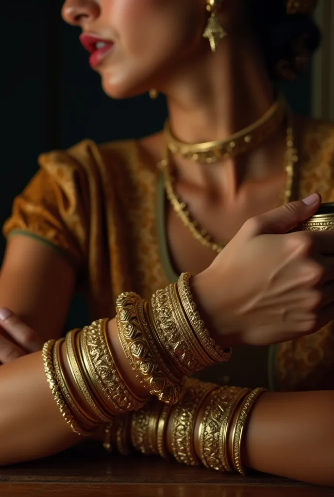 Close-up photo, detailed portrait of a stern, golden bangles with golden arabic coffee bot vintage, cinematic 4K quality, epic composition, high level of detail, shot on Kodak film, intricate bokeh, cinematic atmosphere, reminiscent of HBO series, dark and...