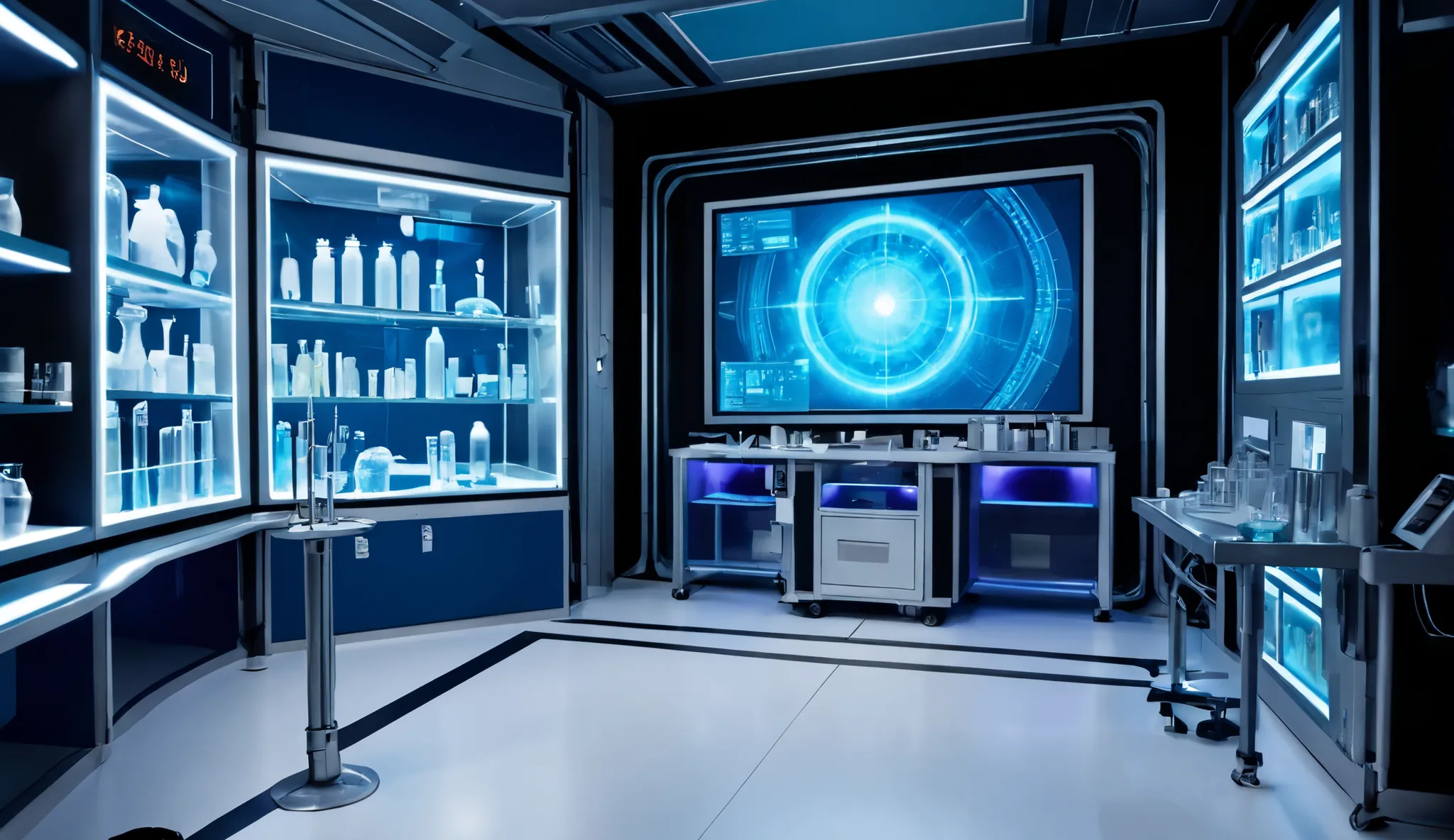 Futuristic laboratory with holographic screens, test tubes, and samples of unknown substances, in a sci-fi style, with cool blue lighting