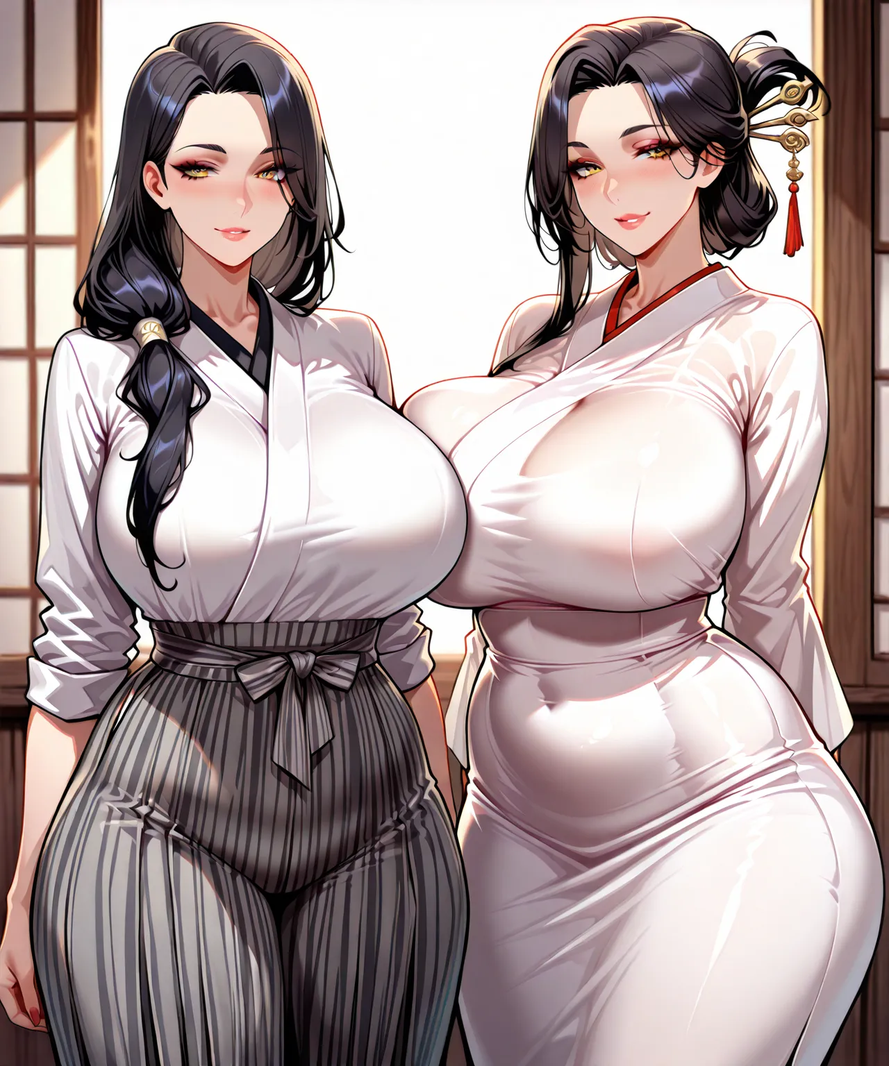  masterpiece , best quality artwork,  ultra detailed , high school outfit, whm, half-smile, mixed_japanese uniform, (  Yeux détaillés  ), ( mature ),  beautiful woman, big breasts,  long black hair, hair tied at the back , frange sur THE yeux, (oriental wh...