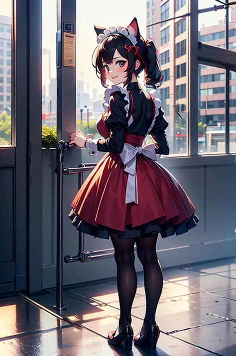 a cute femboy,solo,traps,twintail hair,cat ear headband,small breast,redface,shy,embrassed,smile,japan maid dress,black pantyhose,standing, unkindpose in a city at afternoon time, full body.