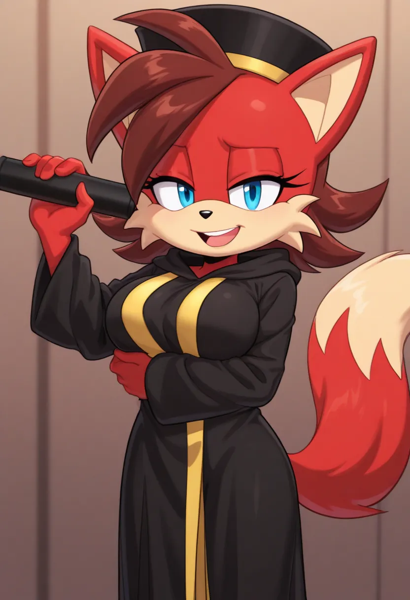 a cartoon fox dressed in graduation robes holding a diploma inside of a graduation cap, 1girl, solo, tail, furry female, blue eyes, furry, animal ears, open mouth, hat, holding, brown hair, breasts, looking at viewer, smile, black headwear, teeth, long sle...