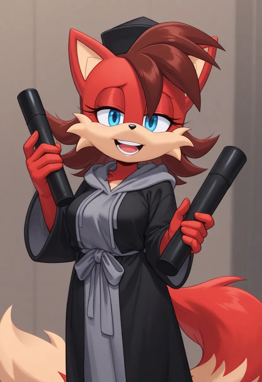 a cartoon fox dressed in graduation robes holding a diploma inside of a graduation cap, 1girl, solo, tail, furry female, blue eyes, furry, animal ears, open mouth, hat, holding, brown hair, breasts, looking at viewer, smile, black headwear, teeth, long sle...