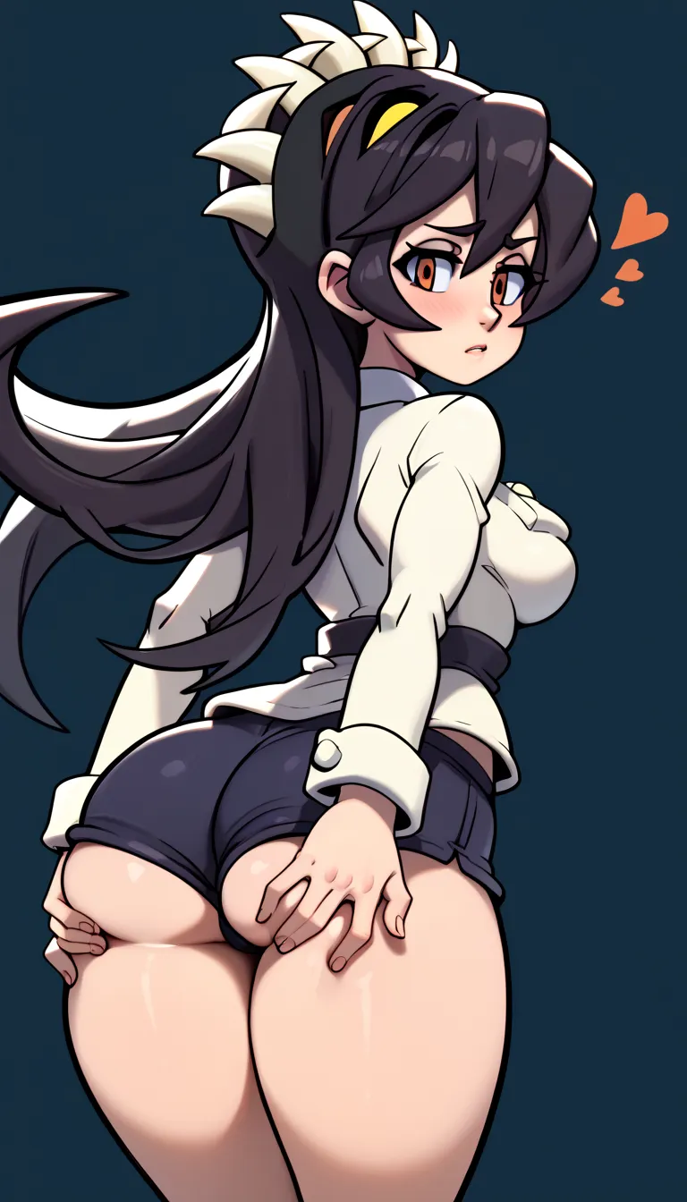 Girl, female, big ass, ass, thick thighs, blushing, blush, simple background, masterpiece, 4k quality, highest quality, best quality, grabing own ass, Filia, black spandex shorts, short shorts, 