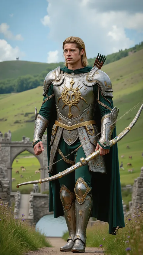 Brad Pitt reimagined as a majestic human-Sagittarius hybrid walking and holding a silver bow, dramatic atmosphere, 1 male､ 

Medium-length, sandy blonde hair, bright blue eyes, and well-defined facial features. 

He wears ultra-luxurious armor crafted from...