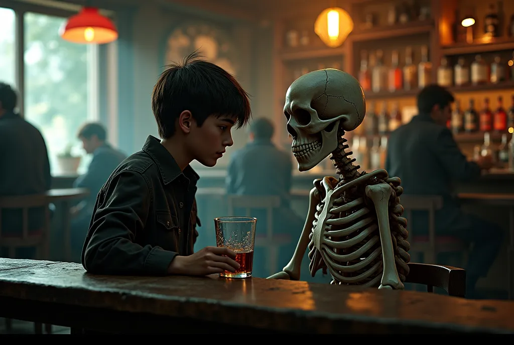 Make me a 17-year-old boy and a living skeleton with brown eyes sitting close to each other inside a bar 