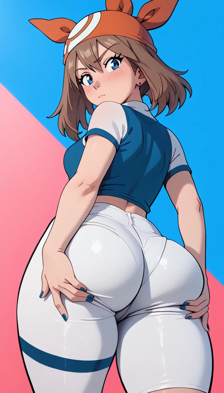 Girl, female, big ass, ass, thick thighs, blushing, blush, bedroom background, masterpiece, 4k quality, highest quality, best quality, grabing own ass, may spandex shorts 