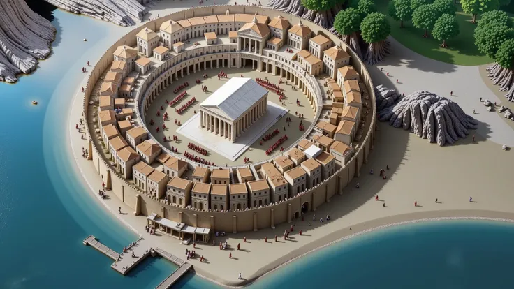 A small walled city from Ancient Greece, located by the seaside. At the center of the city, there is a white palace surrounded by sand-colored buildings. The city includes an arena, a stable, and a horse-riding track. The scene shows Amazons walking around...