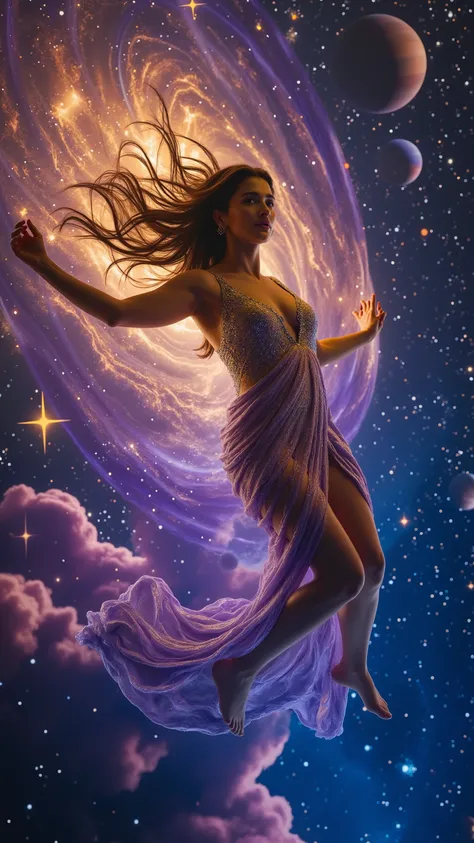 A celestial woman drifts in a zero-gravity space ocean, her body wrapped in an endless veil that glows like woven stardust. The fabric flowing infinitely around her, shifting between deep nebula purples and radiant golden hues. Her long, dark hair intertwi...
