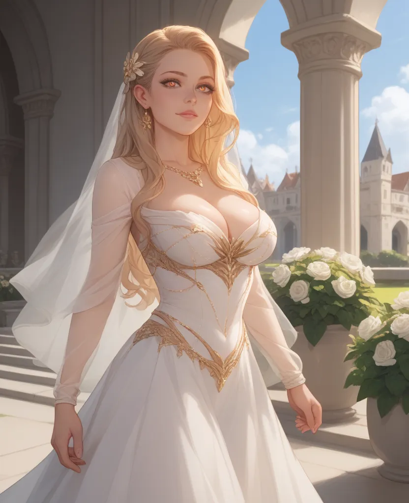 Extremely beautiful blonde hair lady, lady Galadriel, wearing a semi transparent elvish gown, standing in elvin castle garden, deep cleavage, view from her knees till her face, perfect golden eye pupils , elves ears