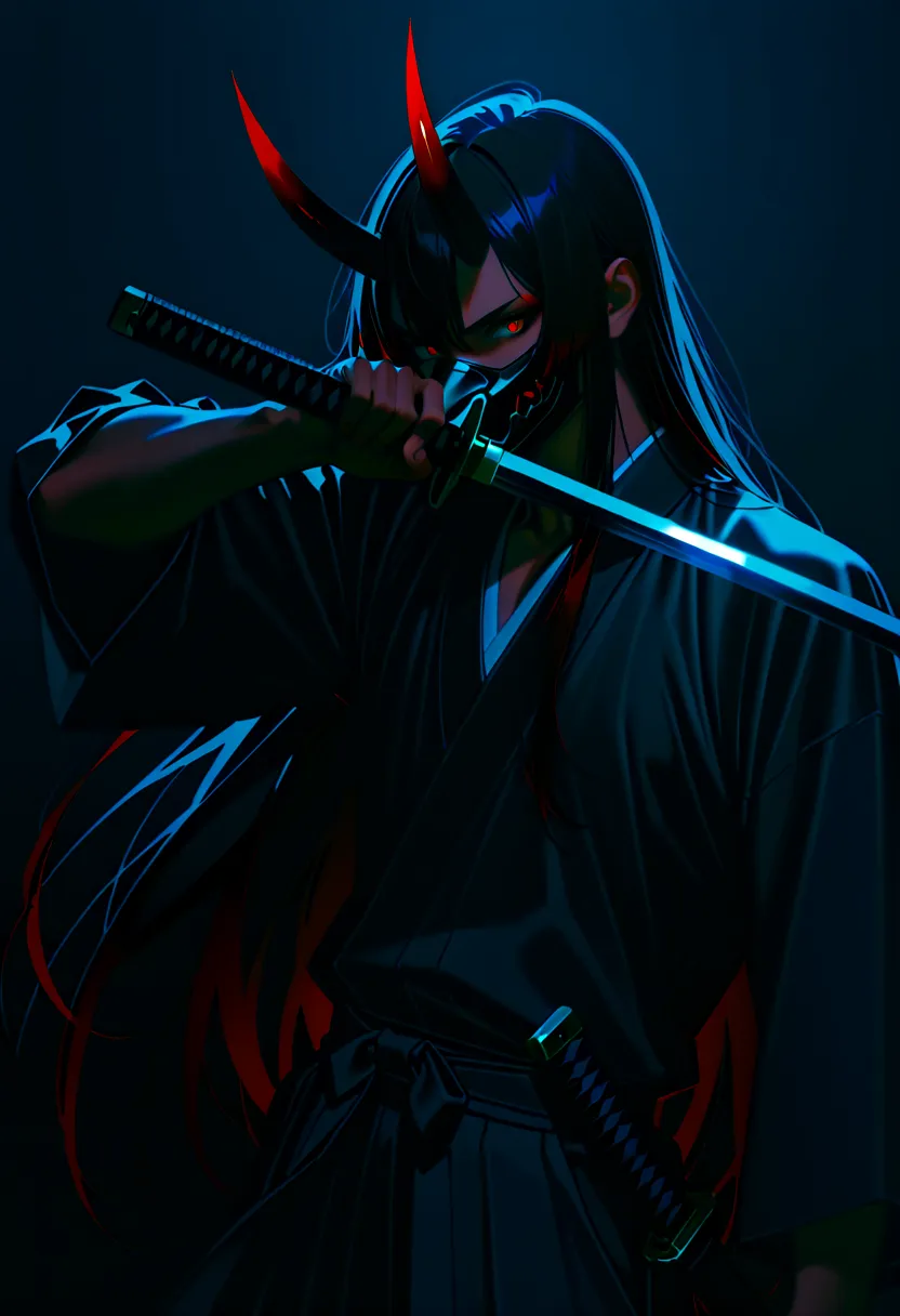 1 male, black hair with red highlights, red eyes, short red oni horns with dark red tips, wearing a black canine mask covering his mouth, good looking, wearing black clothes, black katana.