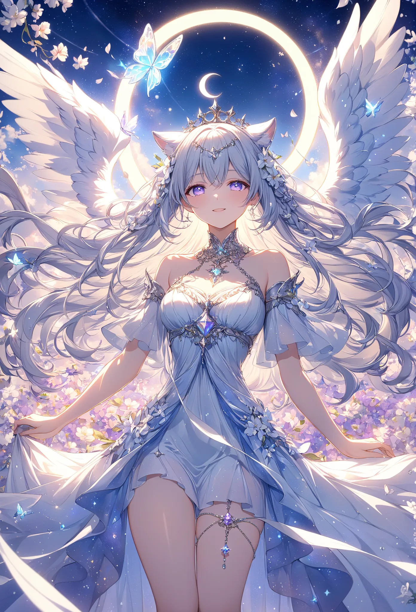 A celestial goddess with long, braided silver hair, smiling gracefully. She wears an elegant, celestial-themed gown adorned with sparkling sequins and beads, inspired by the grandeur of the heavens. The dress is light blue, purple, or silver, reminiscent o...