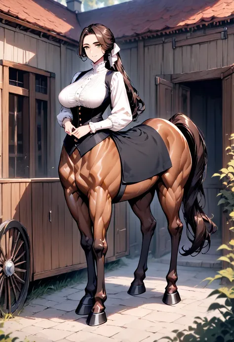 light tan skin, close up, long hair, brown-black hair, ponytail, victorian era:0.5, very large breasts, broad shoulders, muscular, hazel eyes, horse ears, bushy eyebrows, wide smile, servant, very tall female, stable, coach, carts, garage, dingy working cl...