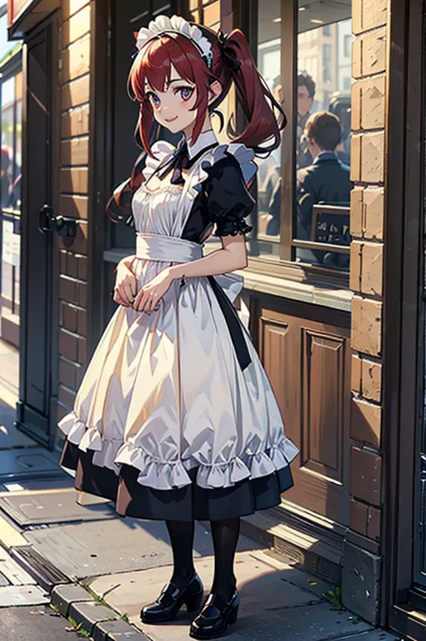 a cute femboy,solo,traps,twintail hair,cat ear headband,small breast,redface,shy,embrassed,smile,japan maid dress,black pantyhose,standing, unkindpose in a city at afternoon time, full body.