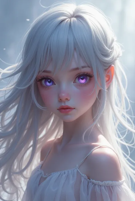 A girl with long gray hair, pale skin color, at ,purple eyes and short stature 