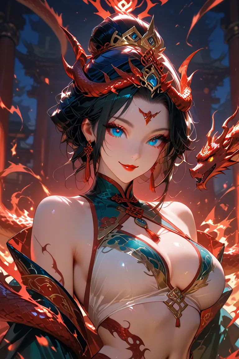 1 girl, she has a dragons snakes, breasts, black_hair, blue_eyes, red_lips, navel, chinese_clothes, earrings, jewelry, hair_bun, smile, looking_at_viewer, queens of dragons, fantasy world, fire from dragons, fit and sensual body, she is a dragon tamer, com...