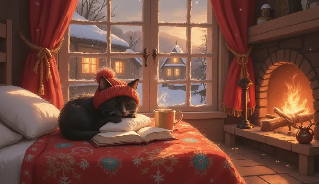 A warm and cozy indoor scene in the style of animation, featuring a black cat with a round face, small triangular ears, and simple yet expressive eyes. The cat is wearing a snug, knitted beanie with a fluffy pom-pom and is resting on a soft white pillow. I...